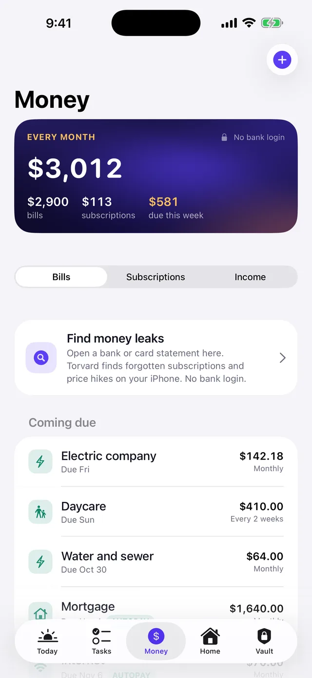 The Money screen showing monthly totals and the bills coming due